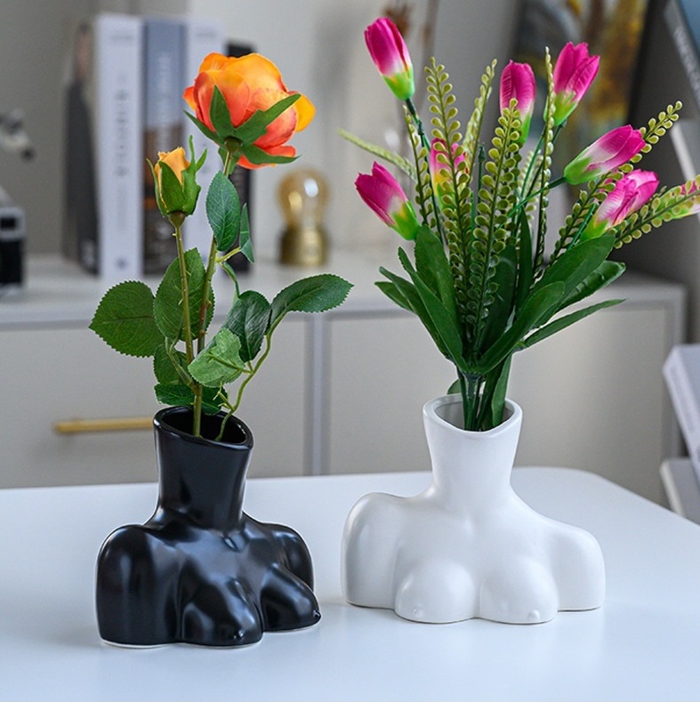 Black / White Women Body Bust Artistic Flower Vase