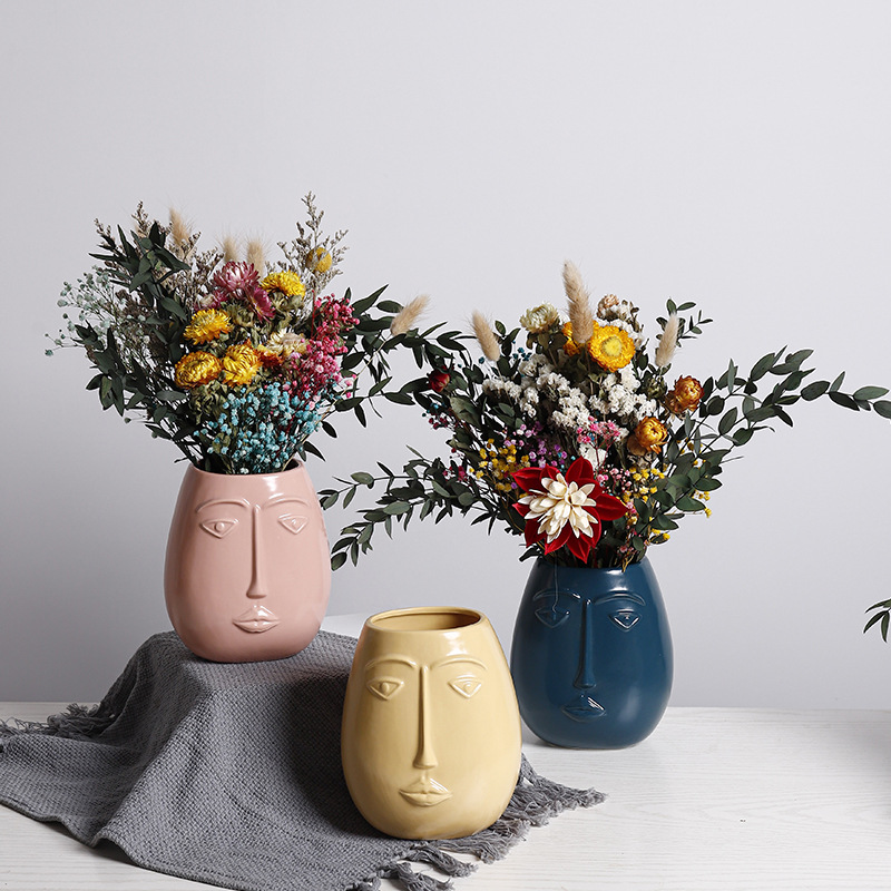 Face Design Dried Flower Ceramic Flower Vase
