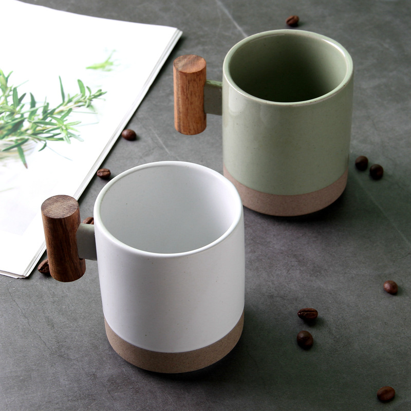 Stoneware Ceramic Coffee Mugs with Wooden Handle