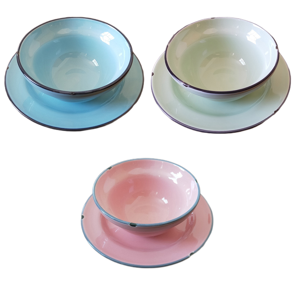Green Blue Pink Ceramic Soup Bowl With Tray