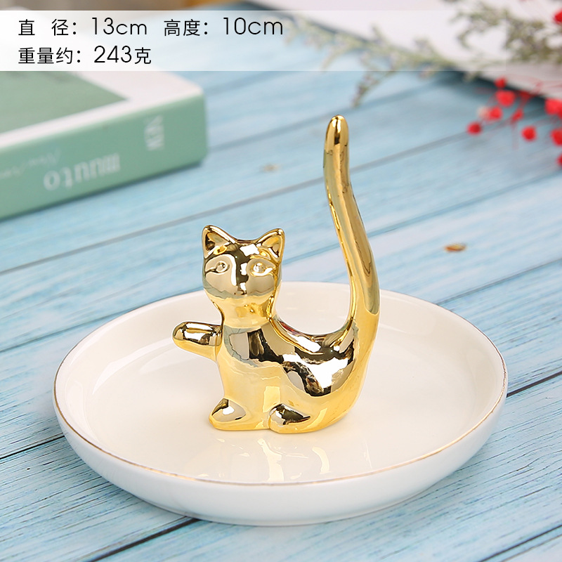 Cute Golden Cat Design Ceramic Trinket Box Tray