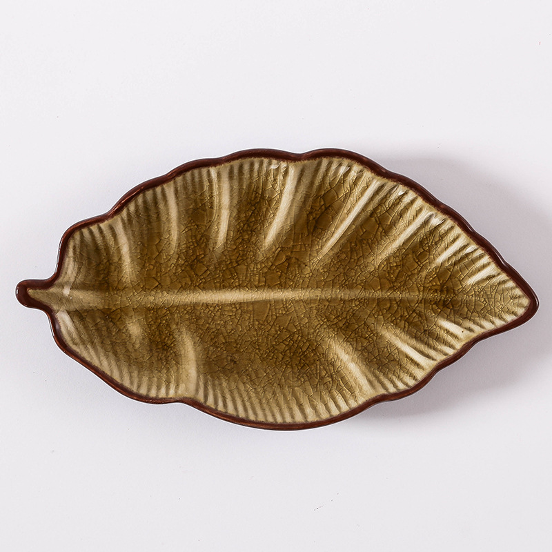 7" Ice Crack Leaf Shape Ceramic Dish Plate